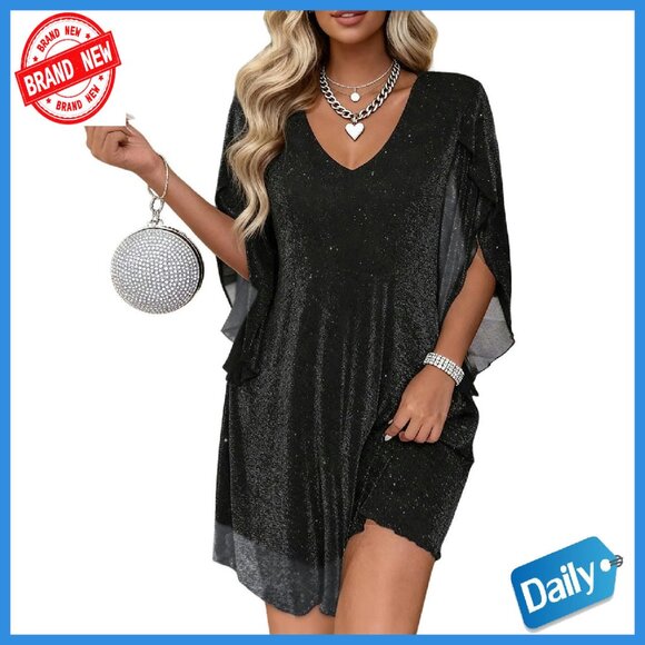 Dresses & Skirts - Sparkly Cocktail Dress Flutter Sleeve Chiffon Wedding Guest Party